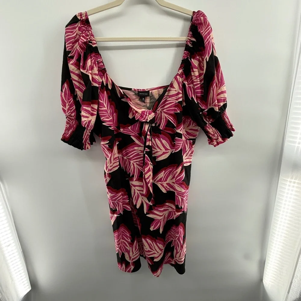 Who What Wear Pink Leaf Print Puff Sleeve Dress XL‎ Square Neck Tie Front